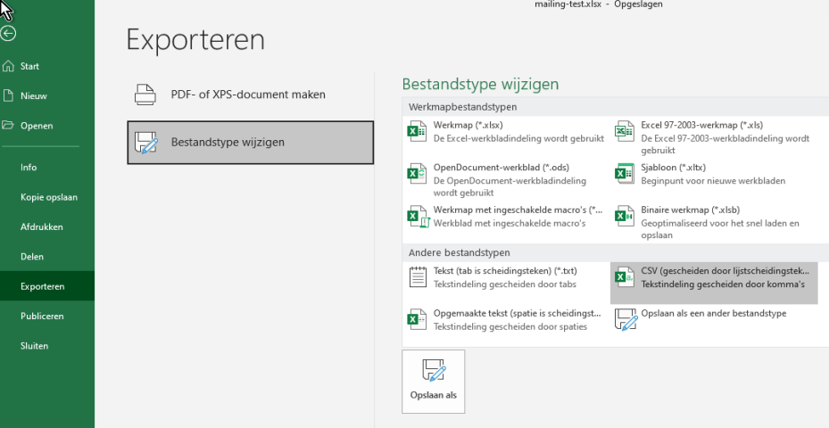 Excel exporteren naar csv